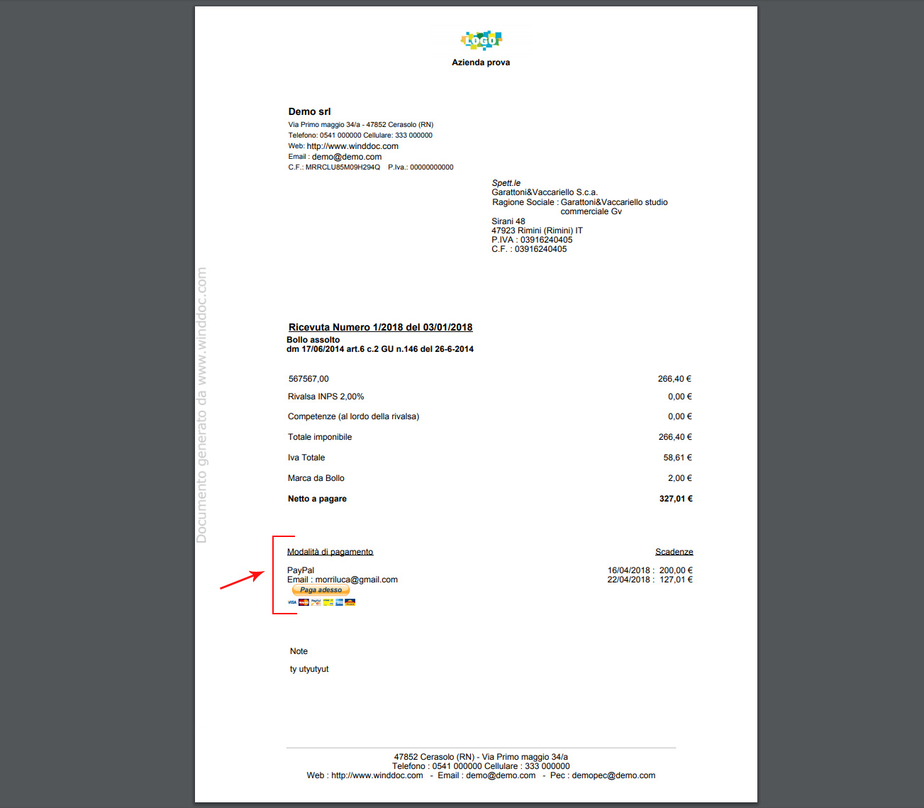 stampa PayPal in fattura