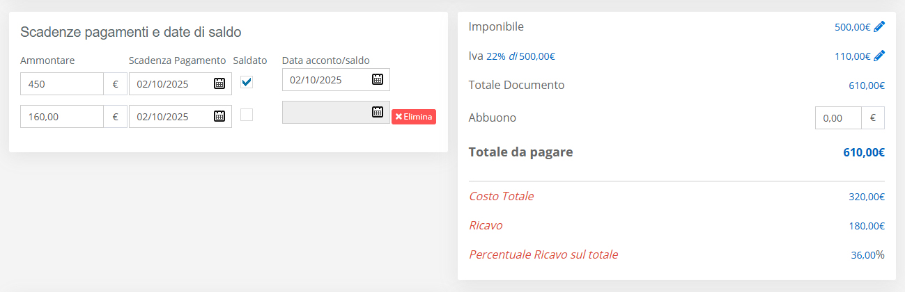 Scadenze di pagamento e Totale